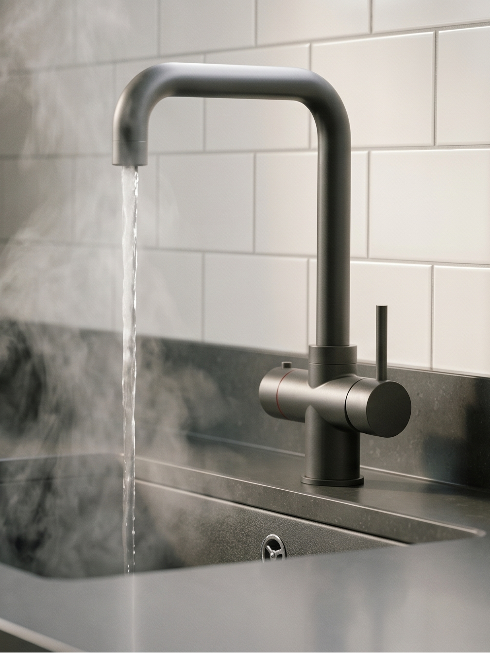 Modern kitchen sink with boiling water running from tap with a white tiled wall