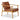 Tan brown leather armchair with teak wooden frame on a white background