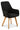 Black upholstered dining armchair with wooden legs on a white background