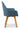 Blue upholstered dining chair with wooden legs on a white background