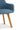 Blue upholstered dining chair with wooden legs on a white background