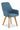 Blue upholstered dining armchair with wooden legs on a white background