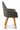 Grey upholstered dining chair with wooden legs on a white background