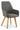 Grey upholstered dining armchair with wooden legs on a white background