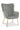 Grey upholstered chair with gold legs on a white background